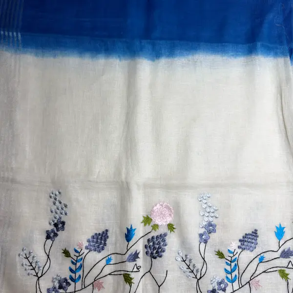 Cream Blue Half & Half Knot Work Pure Lenin Cotton Saree