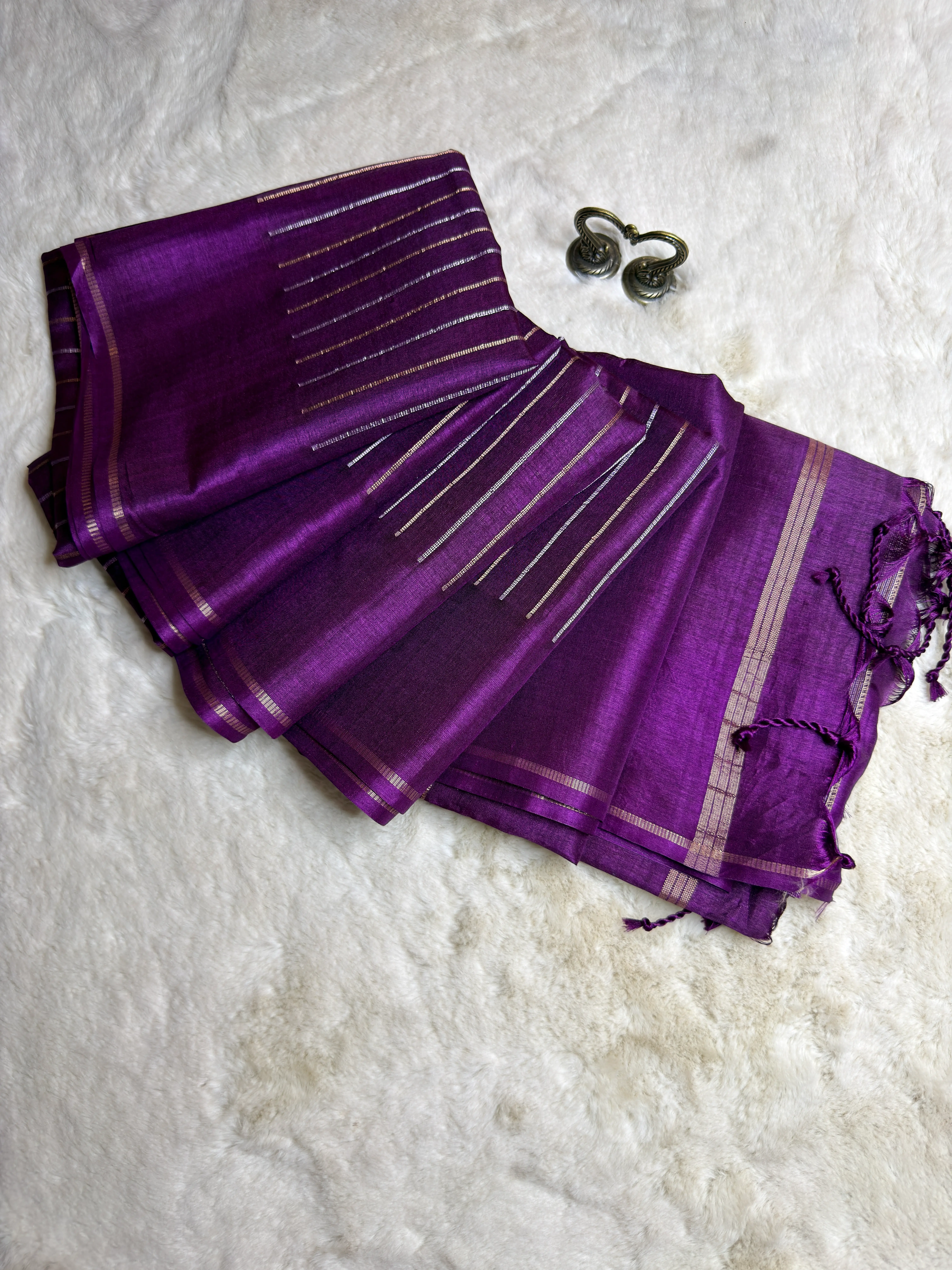 Purple with stripes and gap border Semi Tussar Saree