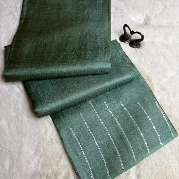 Military Green With Sequin work in the border Tussar silk Saree