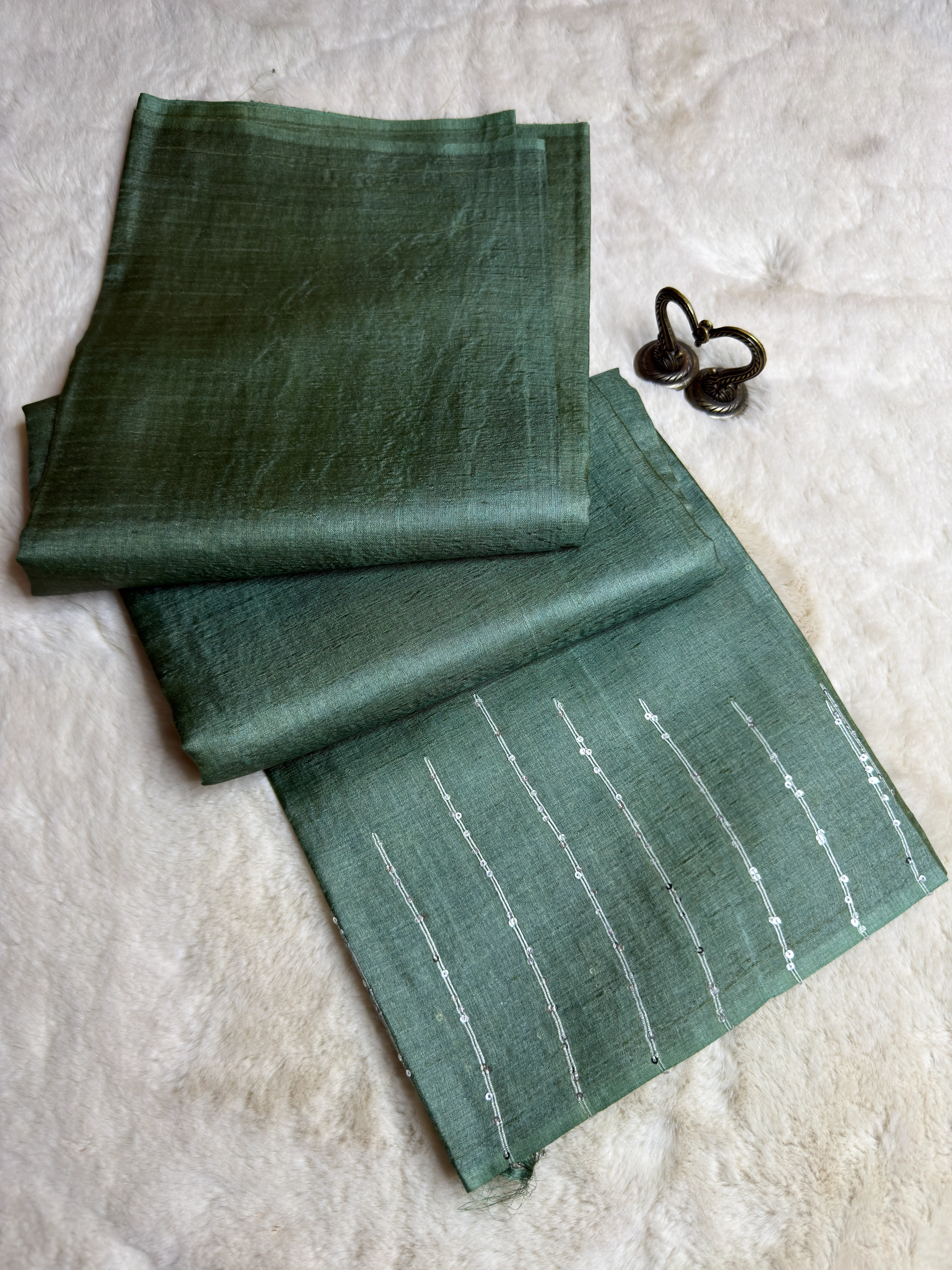 Military Green With Sequin work in the border Tussar silk Saree