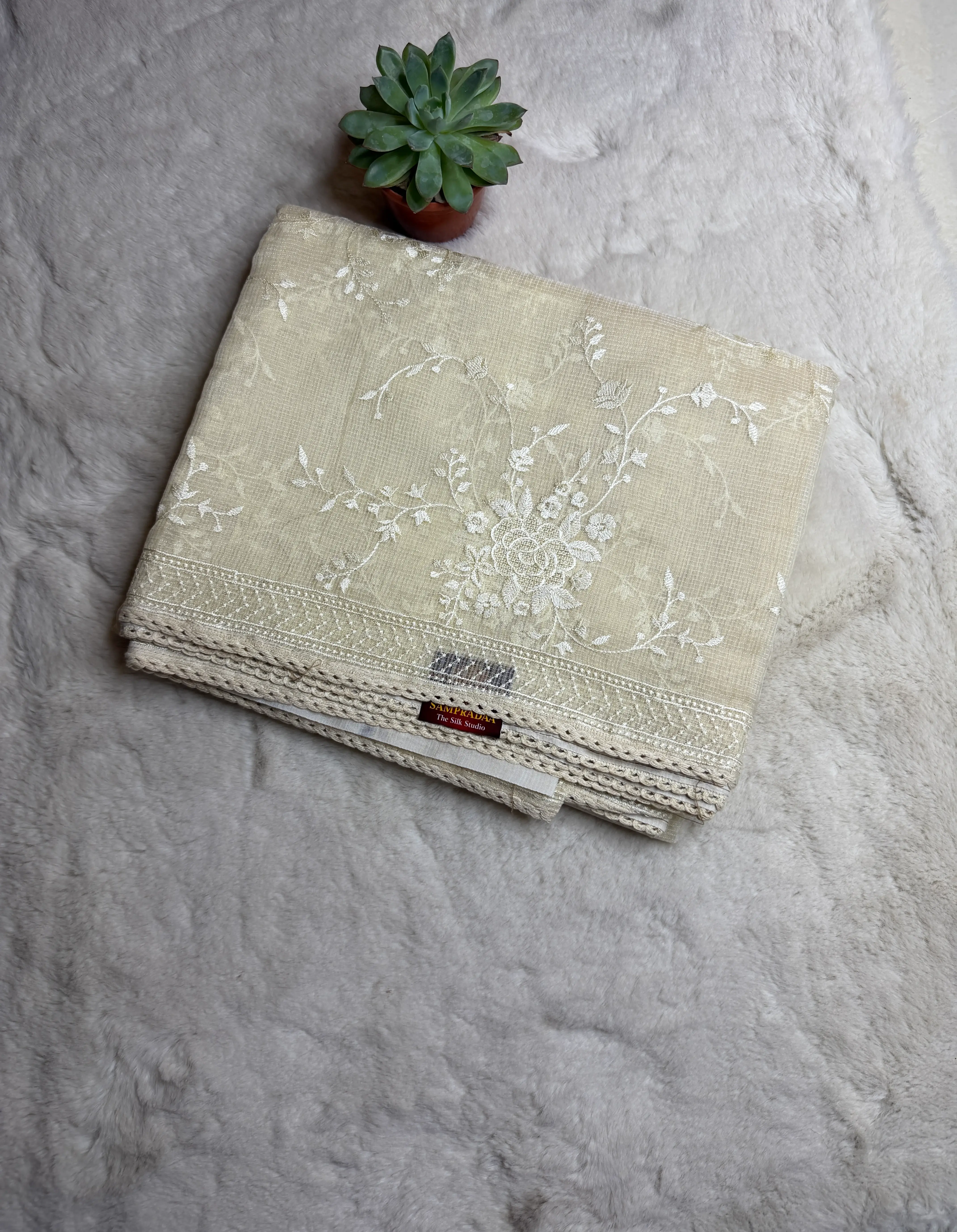 Cream Thread Work Kota Cotton Saree