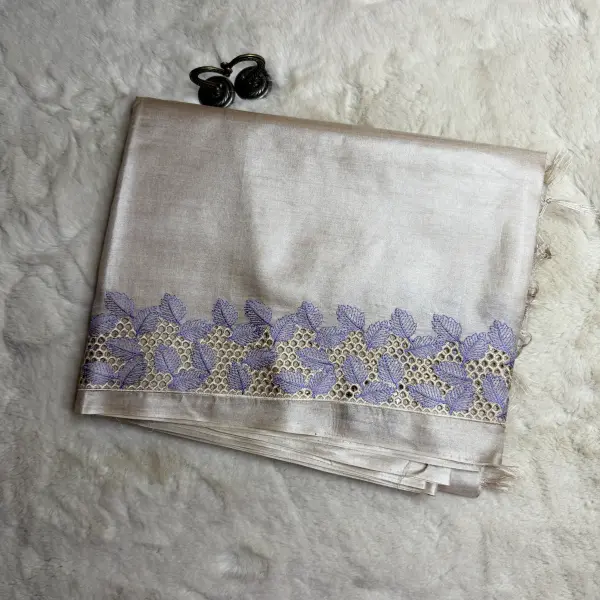 Cream With Purple Cut work border Tussar Silk Saree