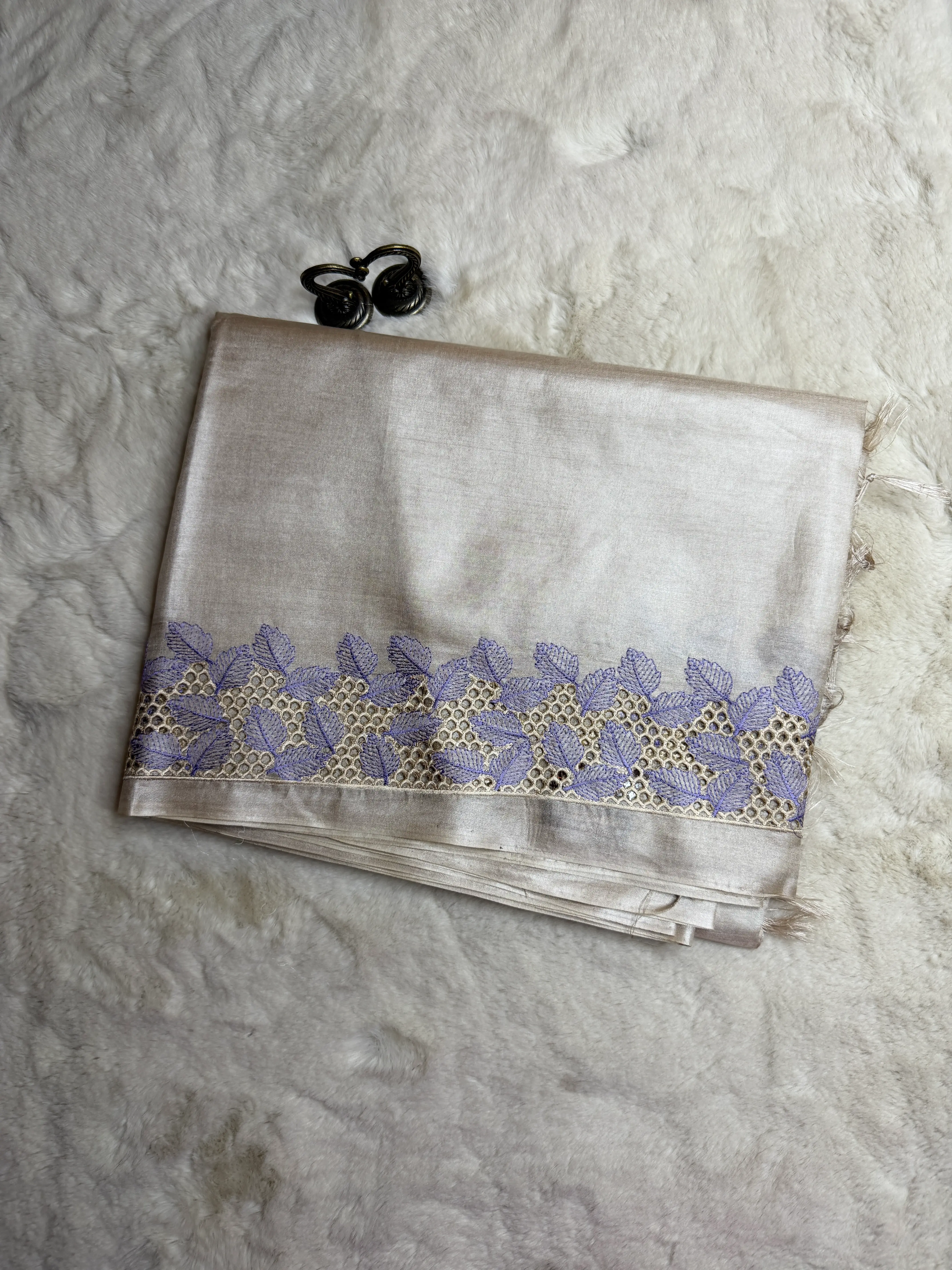 Cream With Purple Cut work border Tussar Silk Saree