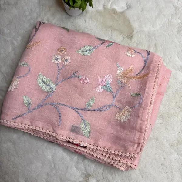 Pastel With Floral Thread work Pure Lenin Saree