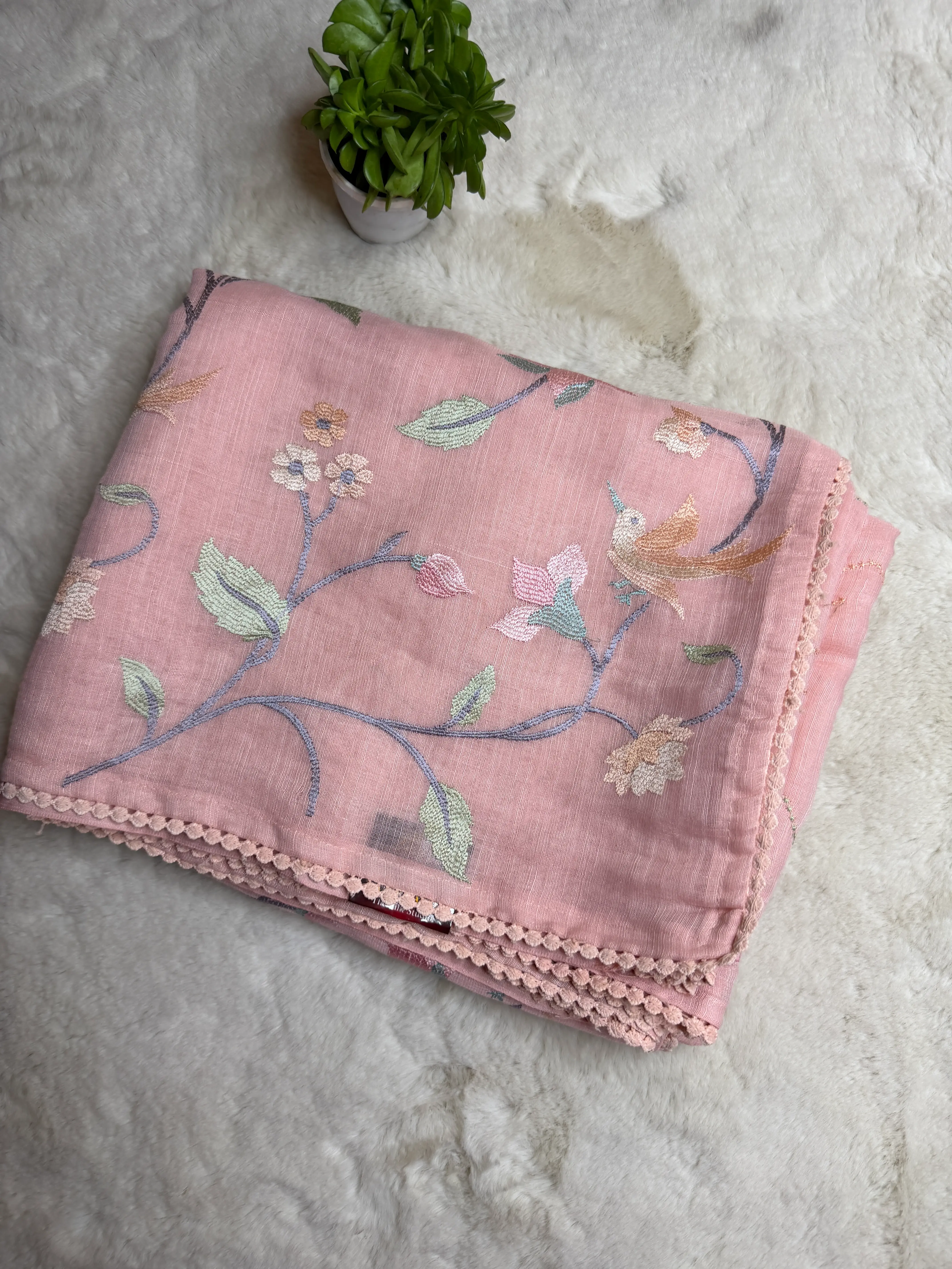 Pastel With Floral Thread work Pure Lenin Saree