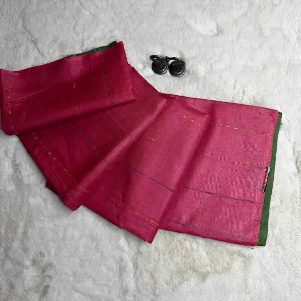 Pink with Green contrast Tussar Silk Saree