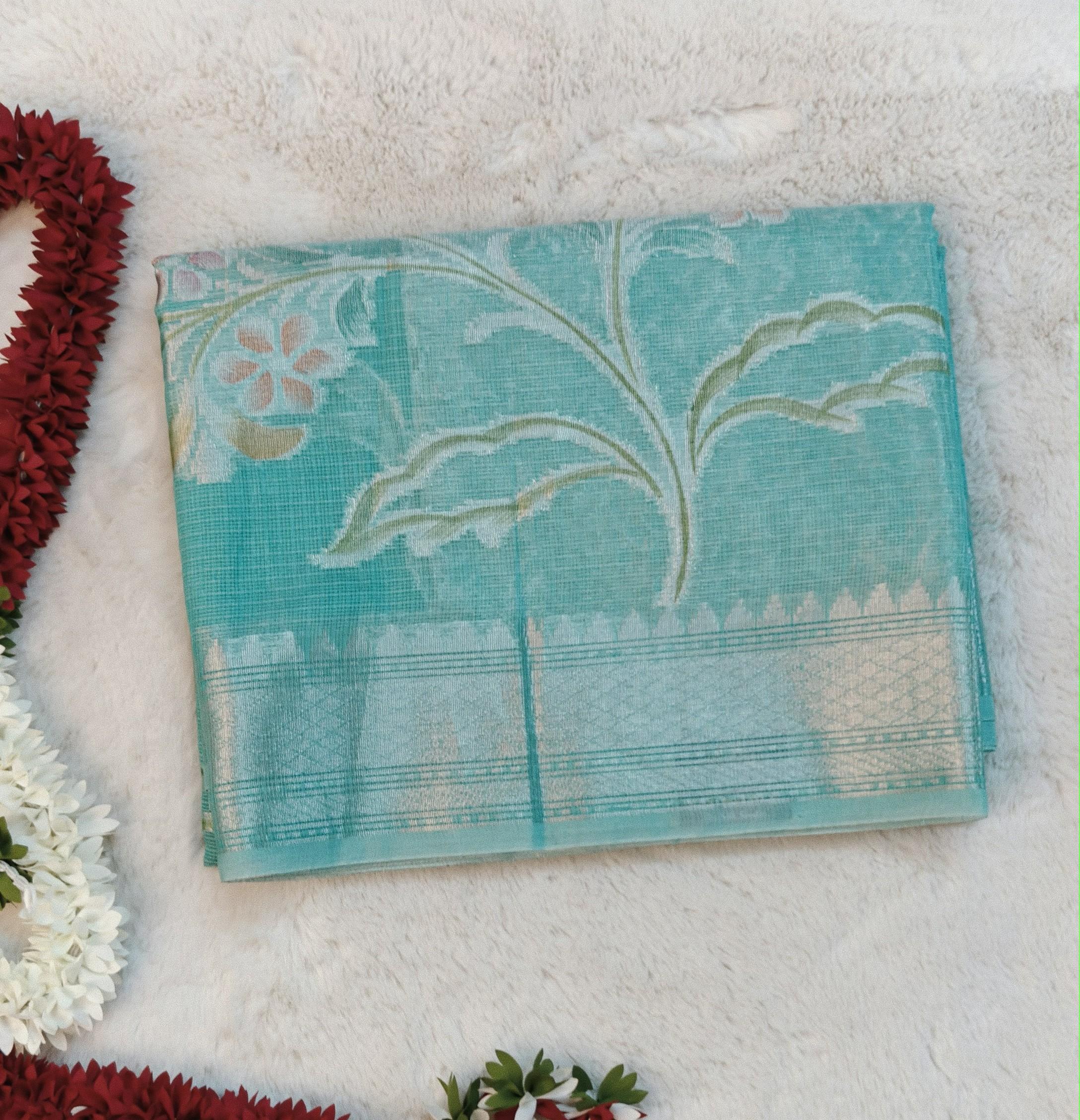 Kota Tissue Organza Saree in Sea Green with Pastel Floral Brocade