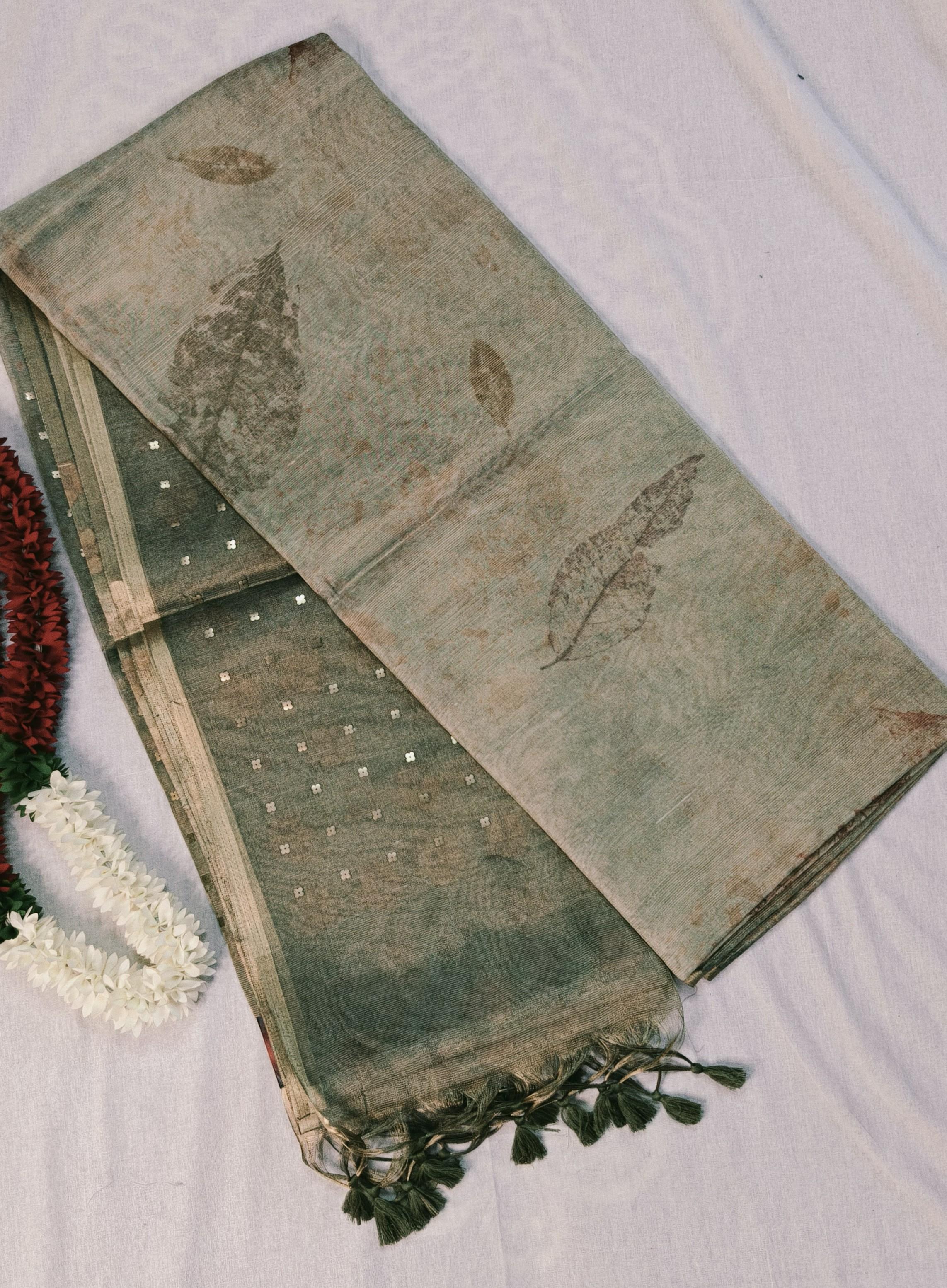 Olive Green Tissue Saree with Sequin Work and Nature Print Accents