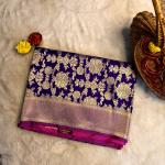 Purple with pink flower pattern pure Kathan Silk saree