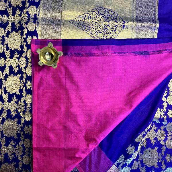 Purple with pink flower pattern pure Kathan Silk saree