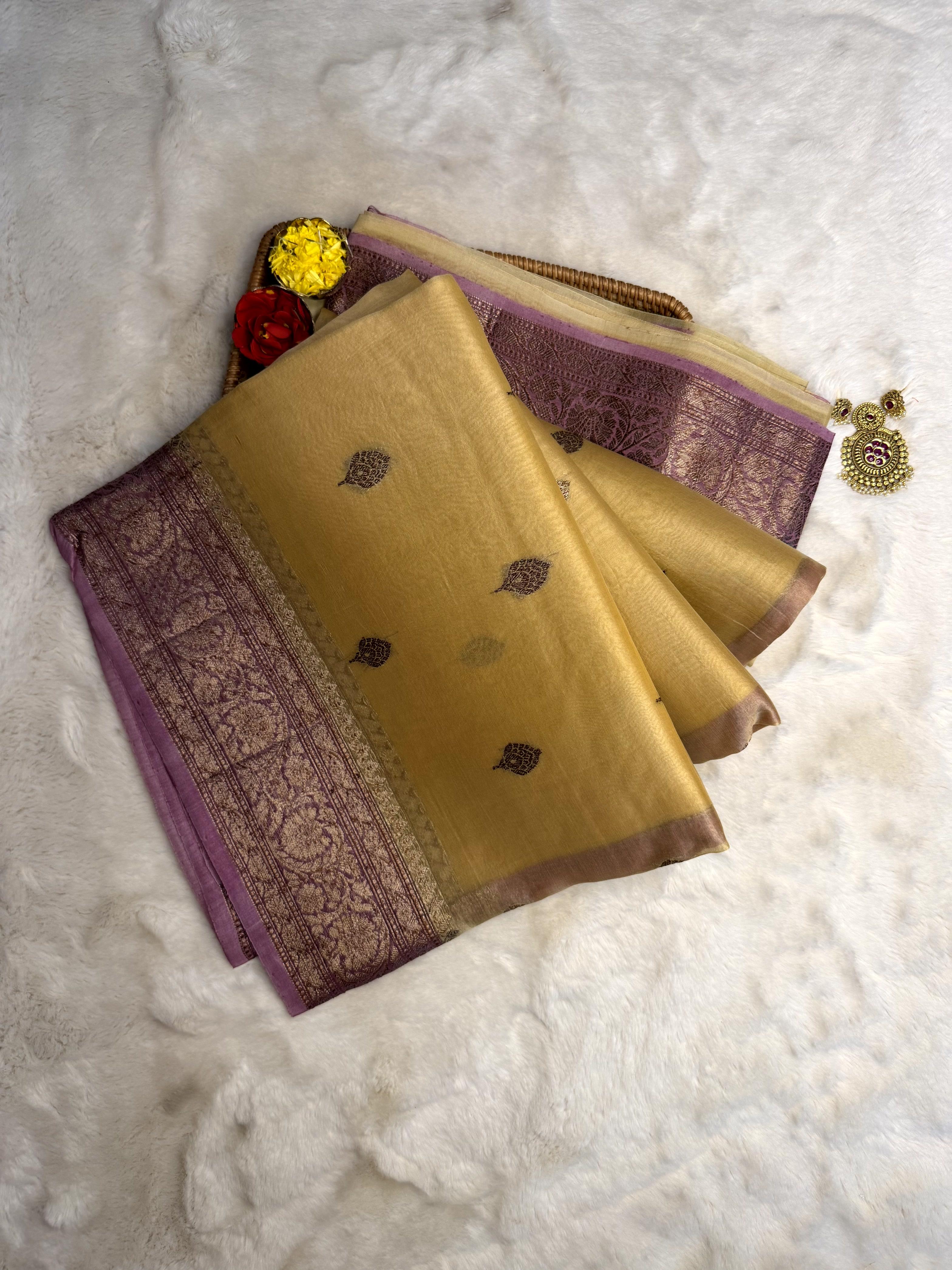 Beige and pink pure kora organza saree