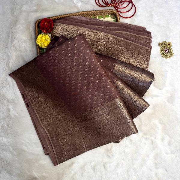 Brown small buttas kora organza saree