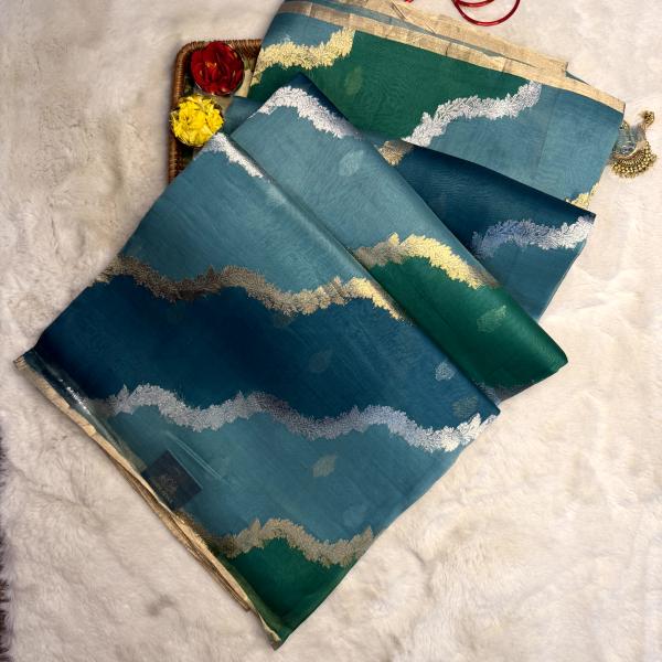 Teal Blue Lehariya pattern pure kora organza saree