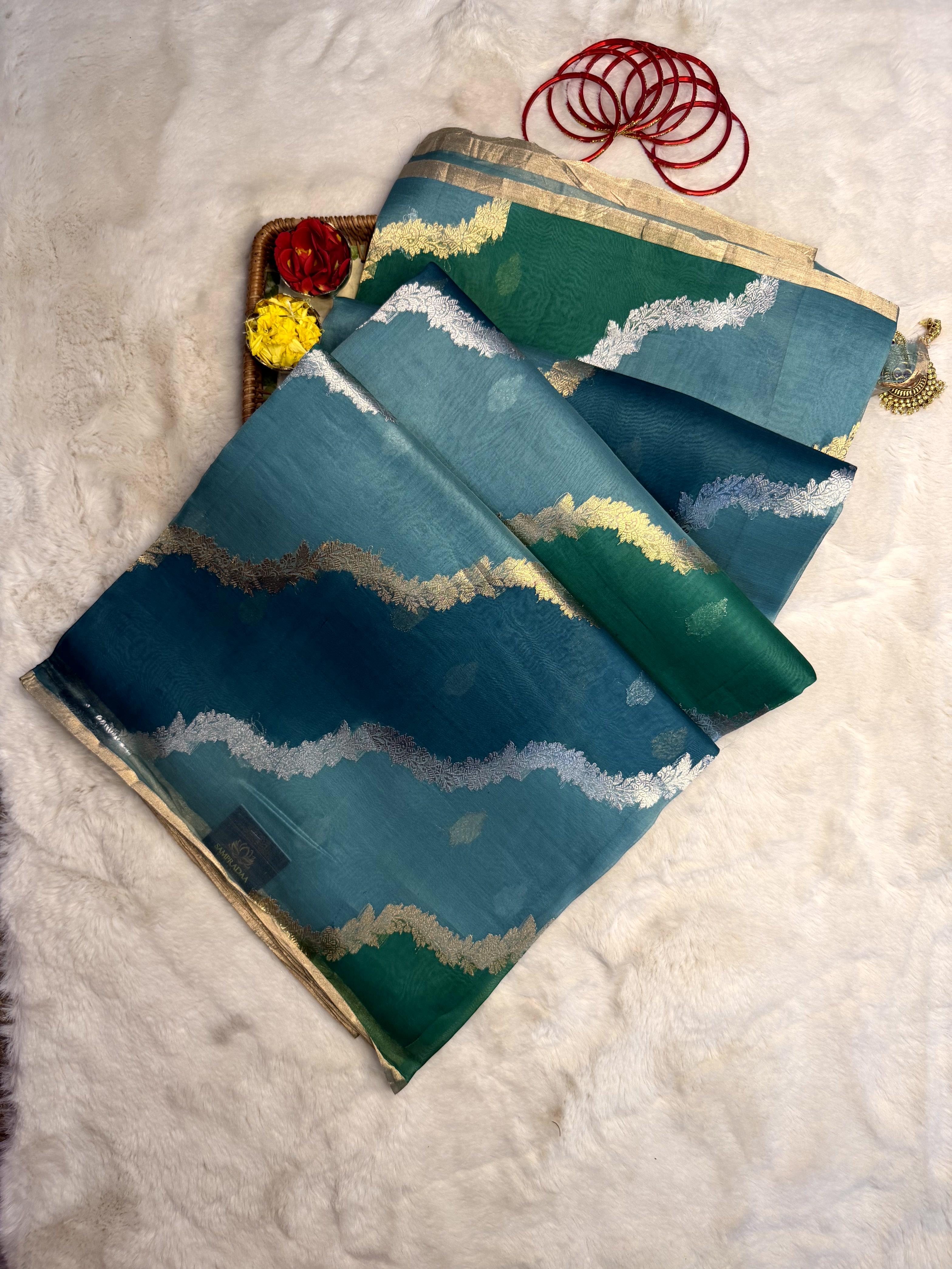 Teal Blue Lehariya pattern pure kora organza saree