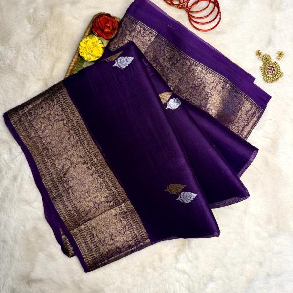 Deep Purple with gold & silver buttas pure kora organza saree