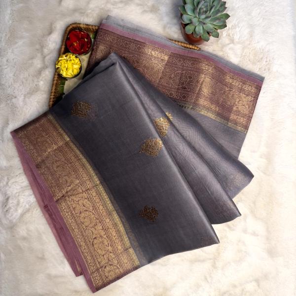 Dark Grey with peach pure kora organza saree