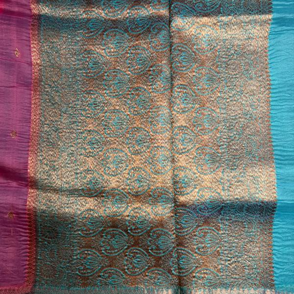 Pink with sky blue border pure kora organza saree