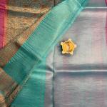 Pink with sky blue border pure kora organza saree