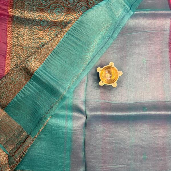 Pink with sky blue border pure kora organza saree