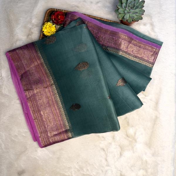 Dark Green with pink border pure kora organza saree