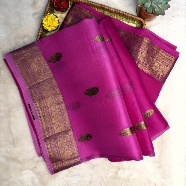 Rani Pink pure kora organza saree