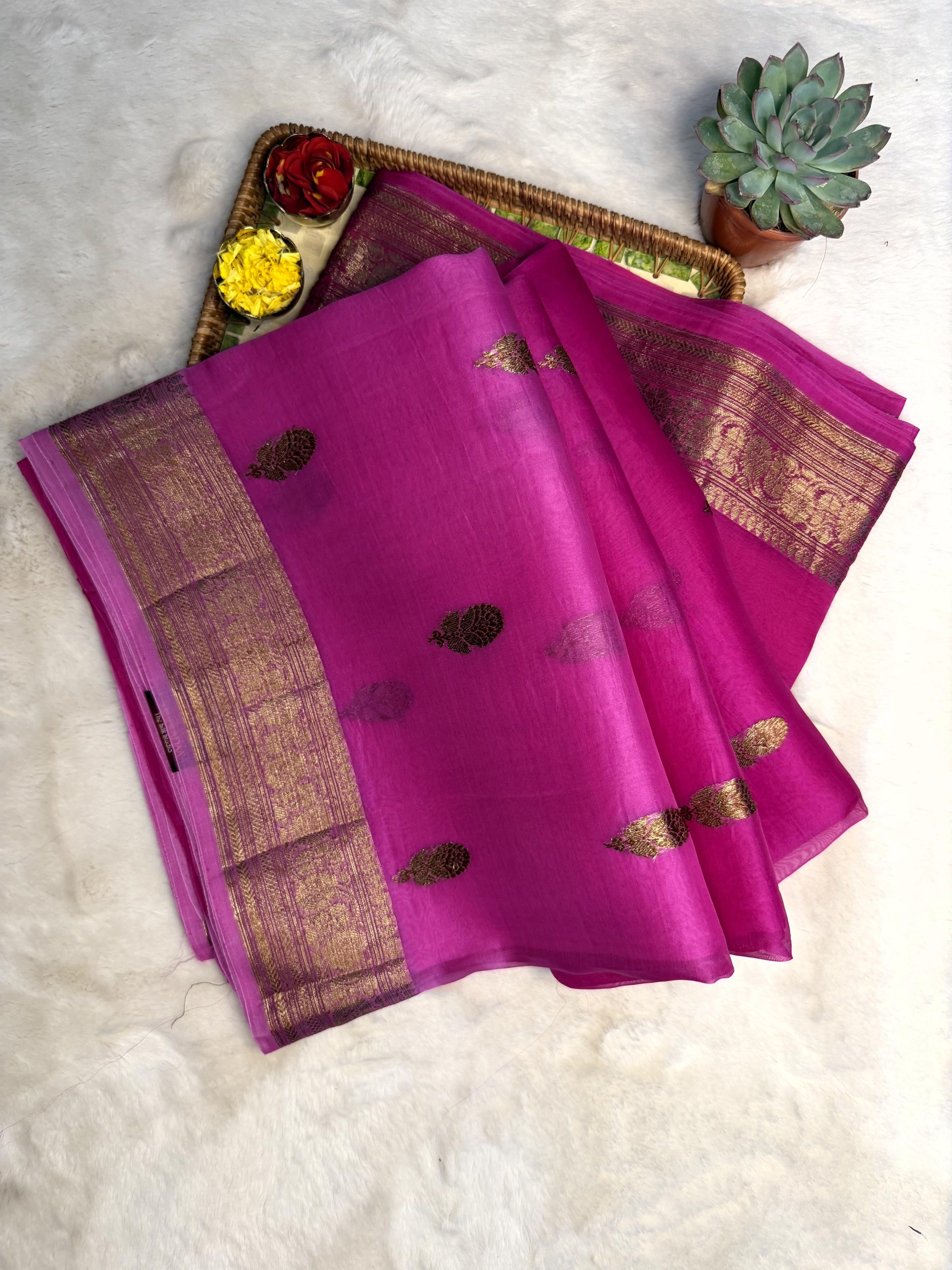 Rani Pink pure kora organza saree