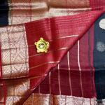 Jet Black with Red big buttas pure kora organza saree