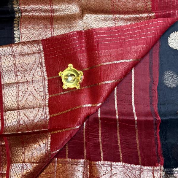 Jet Black with Red big buttas pure kora organza saree