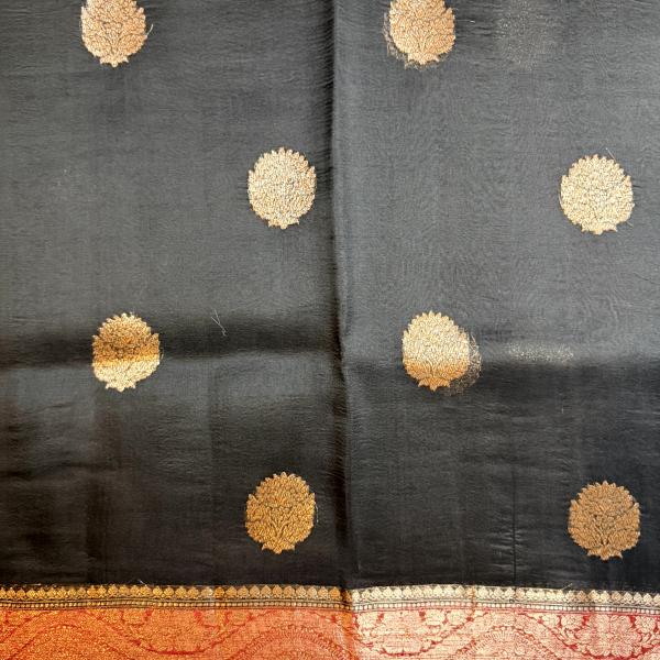 Jet Black with Red big buttas pure kora organza saree