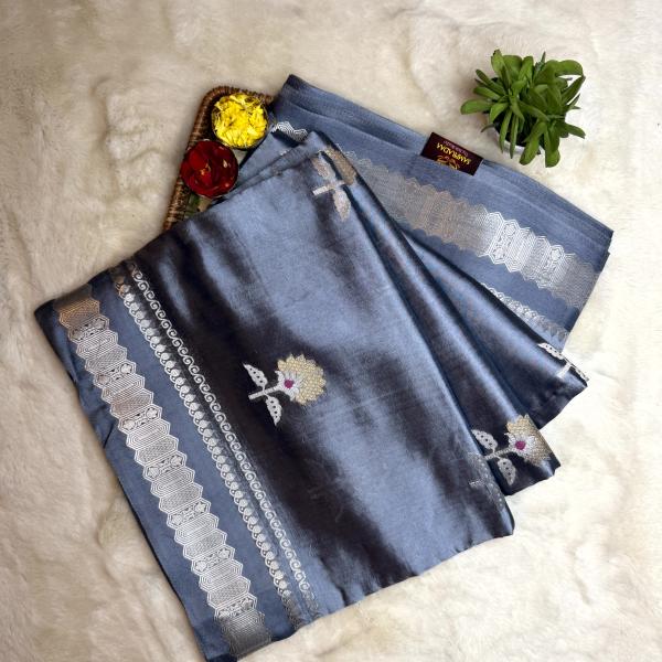 Grey with flower motifs pure katan silk saree