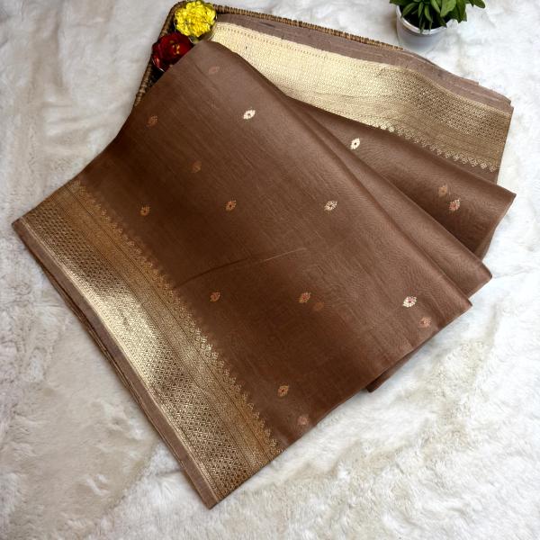 Beige Pure Kora Organza handloom saree