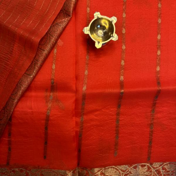 Sunset Orange with antique zari border pure kora Organza saree