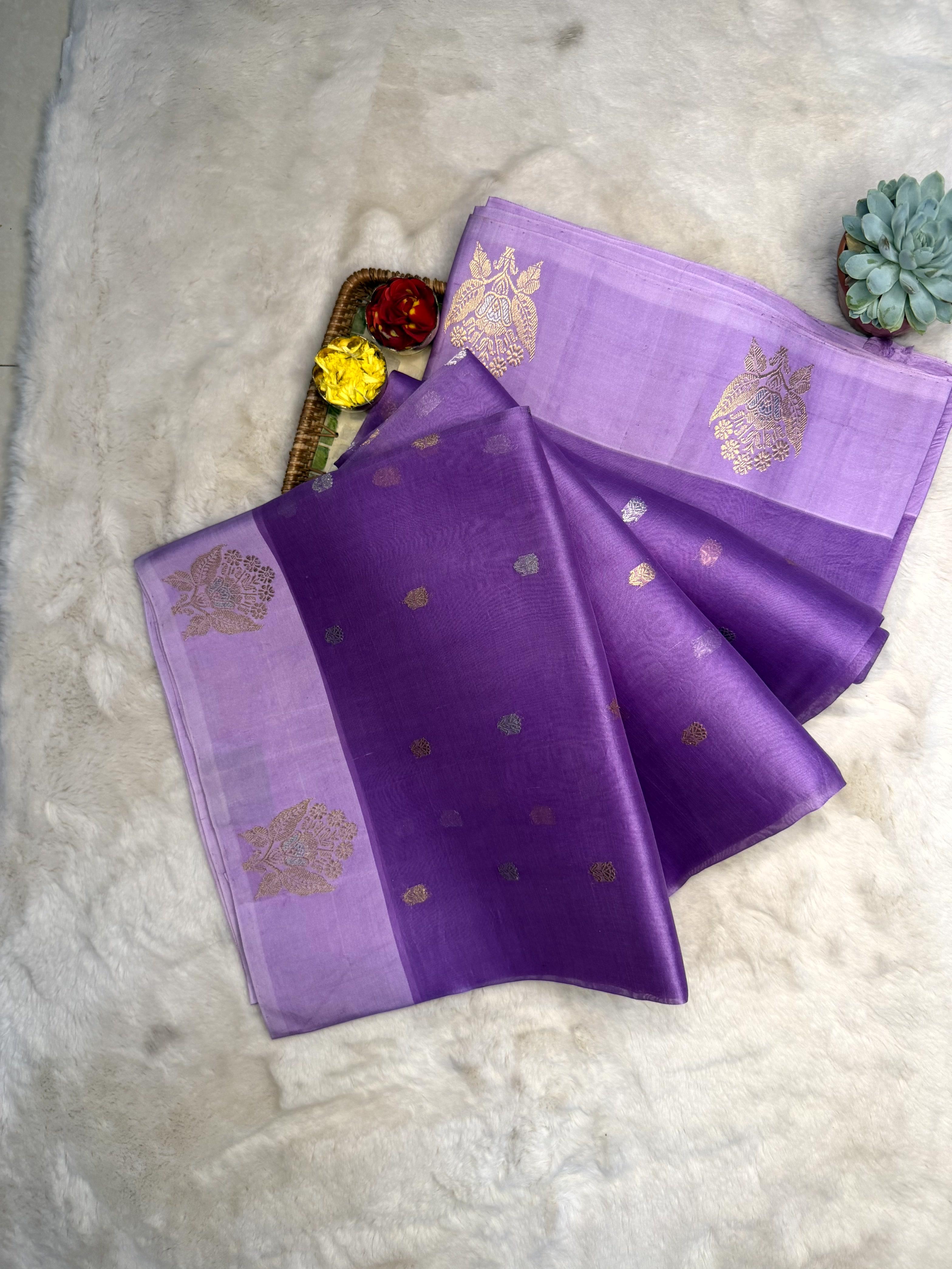 Purple and lavender combination pure kora organza saree