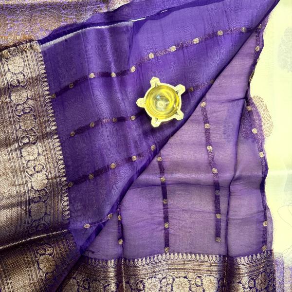 Cream with Lavender antique zari kora organza saree
