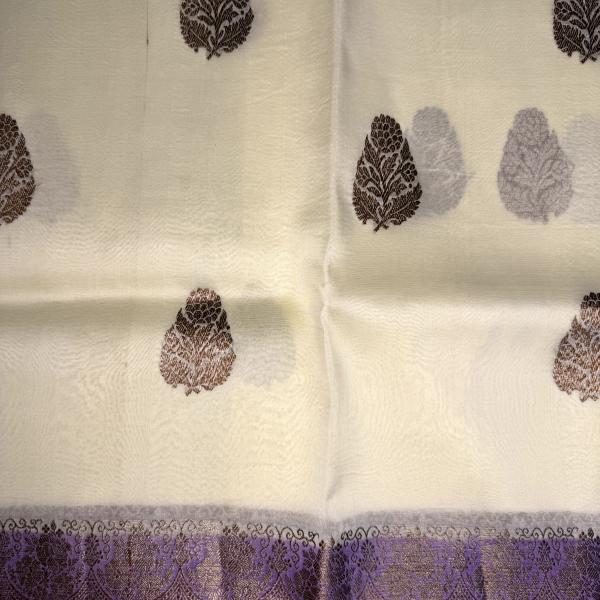 Cream with Lavender antique zari kora organza saree