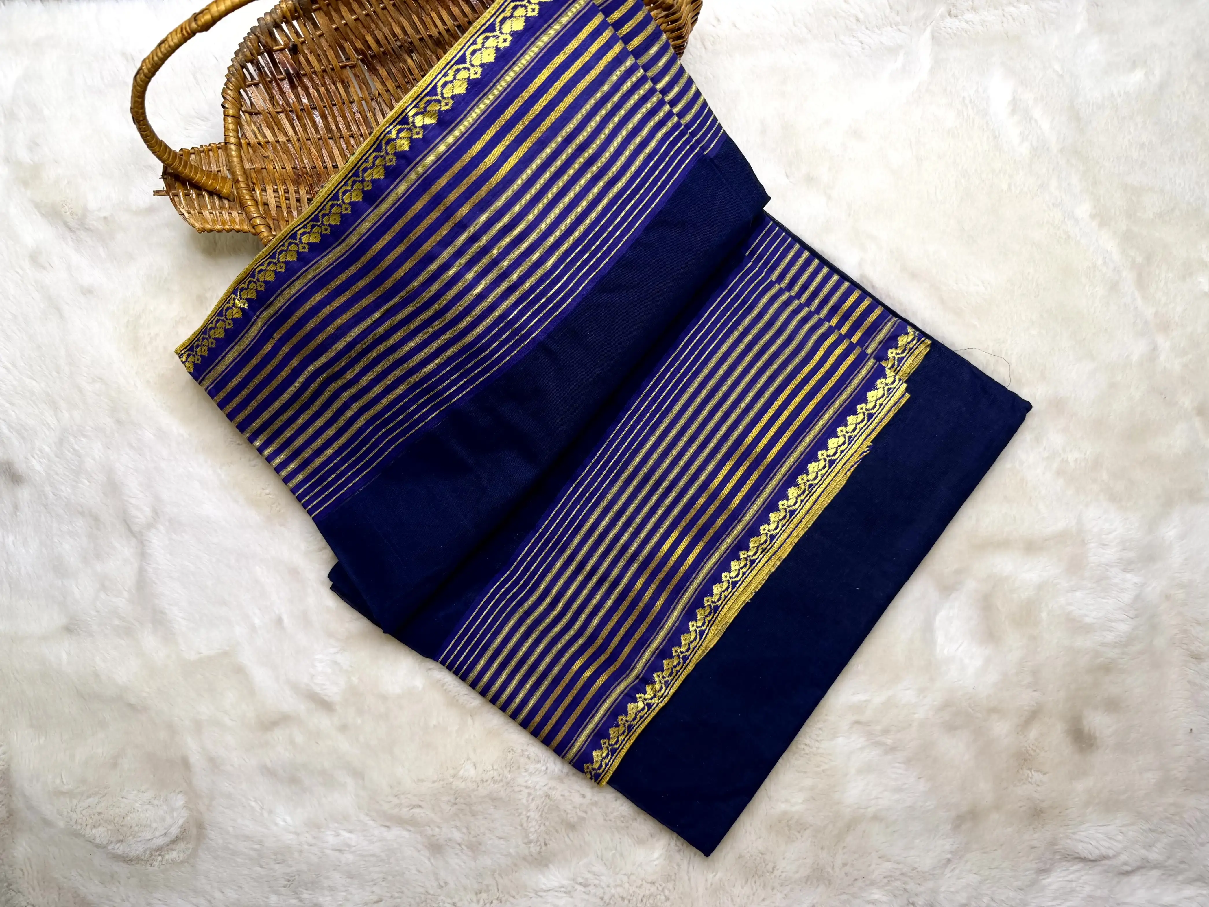 Navy blue with stripes border dhaniakali cotton saree