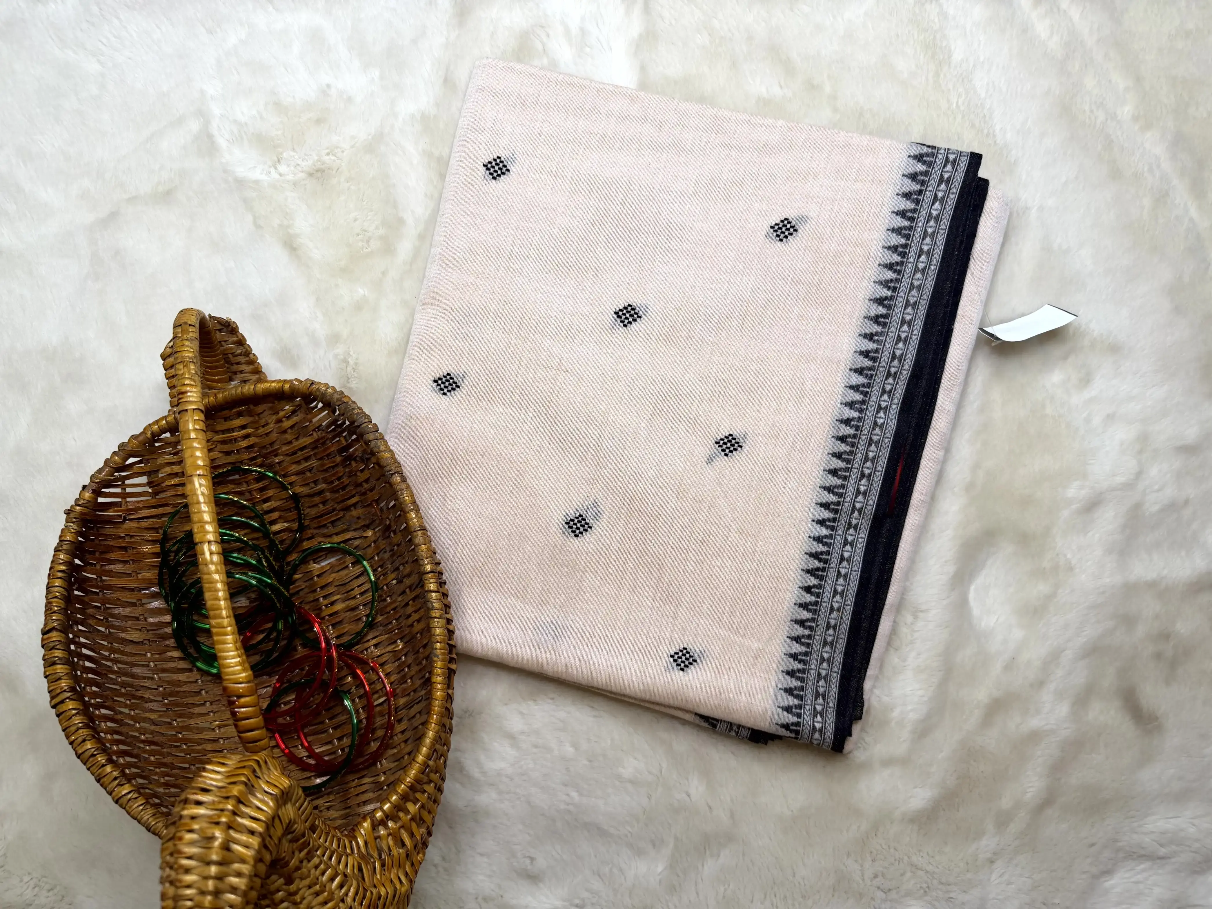 Cream with black buttas dhaniakali cotton saree