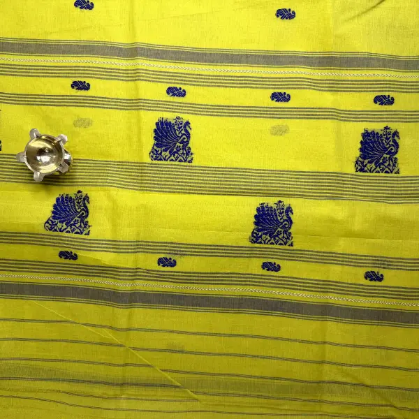 Lemon yellow & blue dhaniakali cotton saree