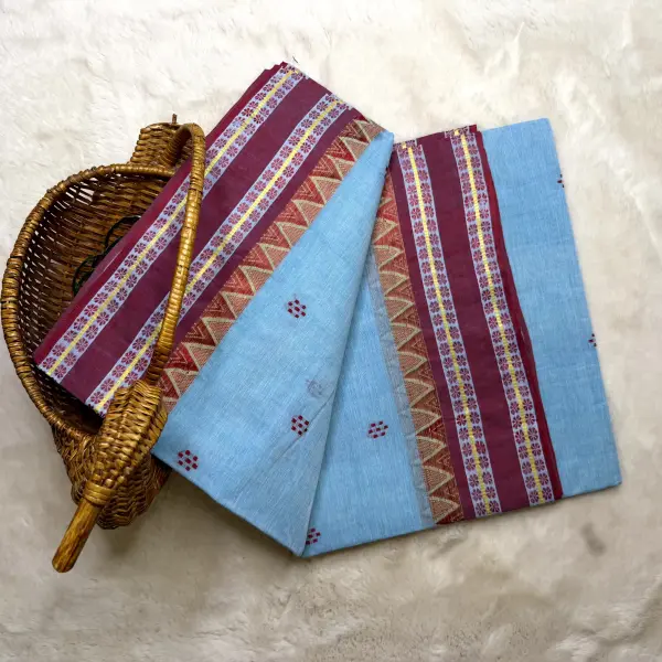 Sky Blue & maroon dhaniakali cotton saree