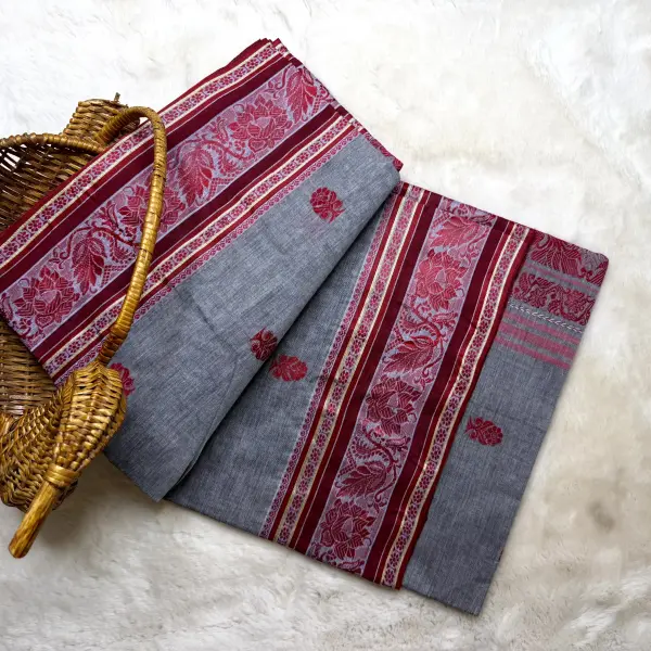 Grey & Red Baluchari weave dhaniakali cotton saree