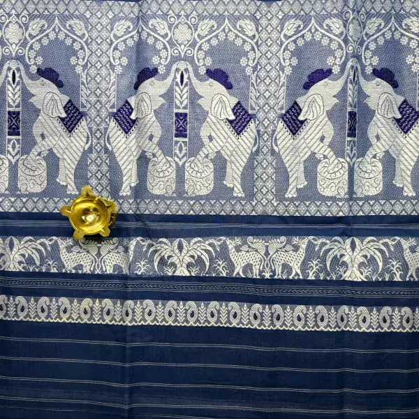 Blue & white Baluchari weave dhaniakali cotton saree