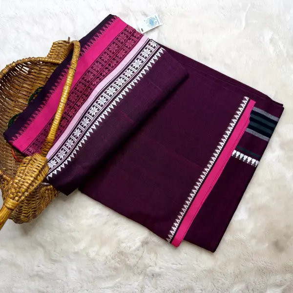 Purple with pink & white dhaniakali cotton saree