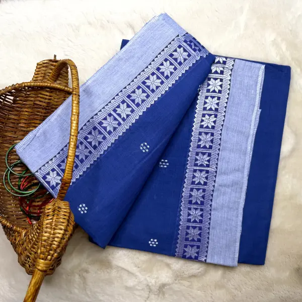 Peacock blue and white dhaniakali cotton saree