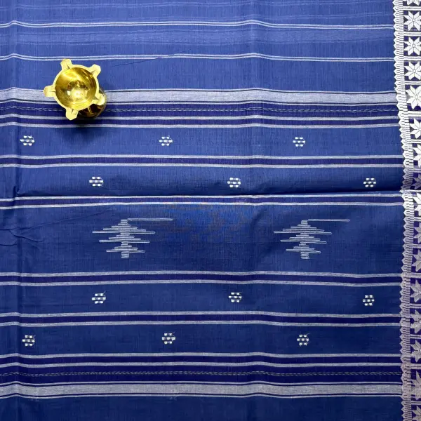 Peacock blue and white dhaniakali cotton saree