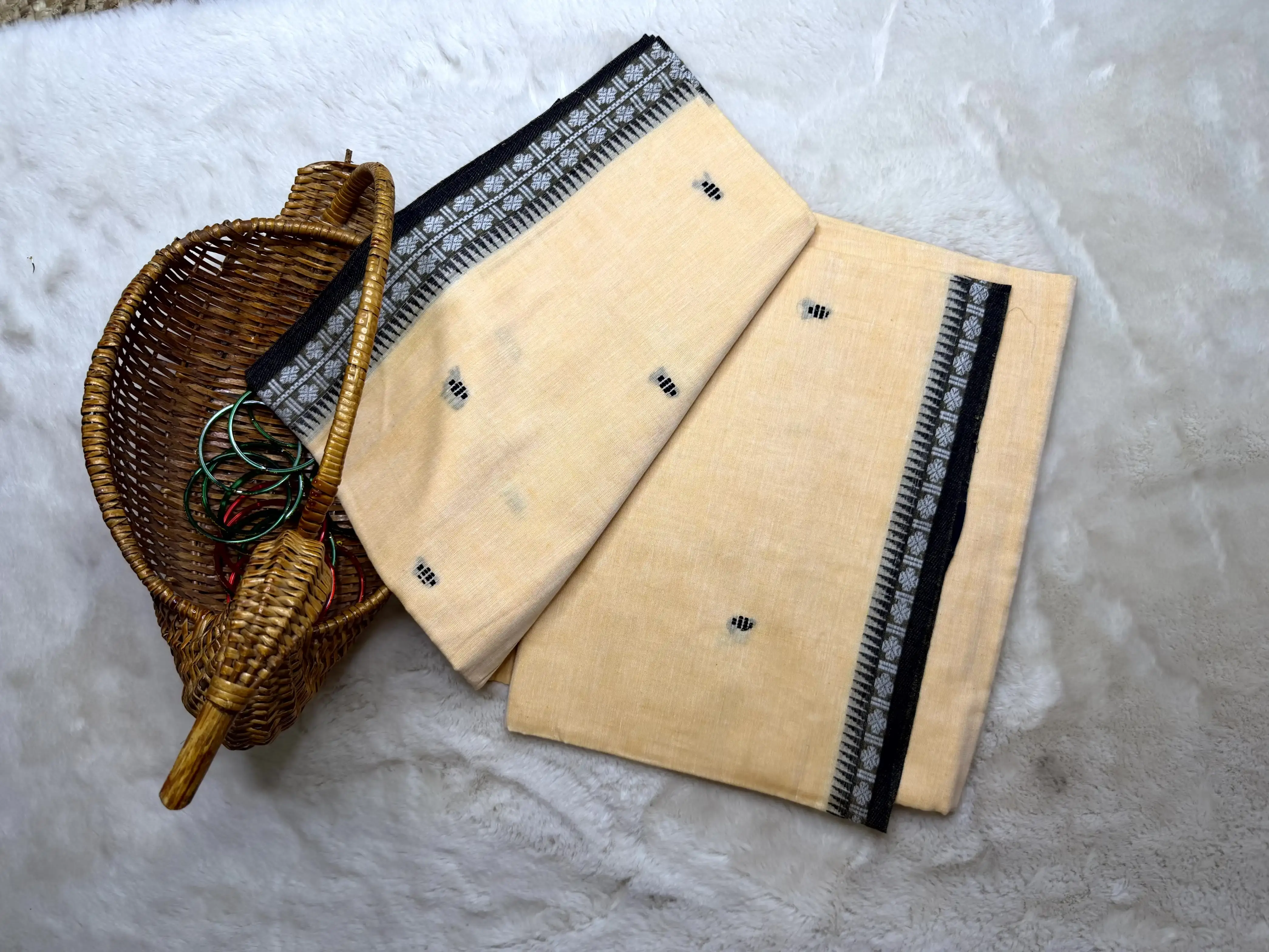 Beige with black buttas dhaniakali cotton saree