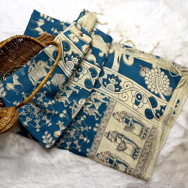 Beige and teal blue handpaint cotton saree