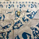 Beige and teal blue handpaint cotton saree