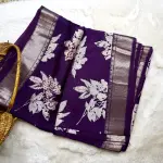 Purple thread work linen cotton saree