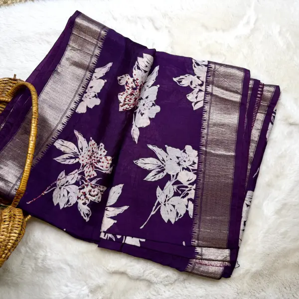 Purple thread work linen cotton saree
