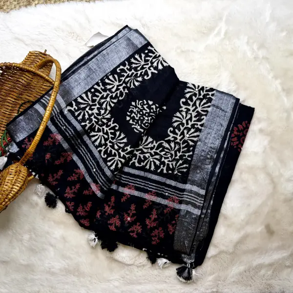 Black & white linen cotton saree